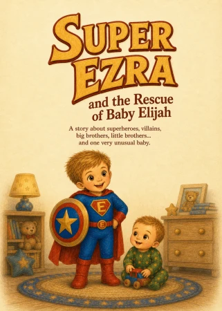 Super Ezra with his baby brother Elijah, from the original book artwork