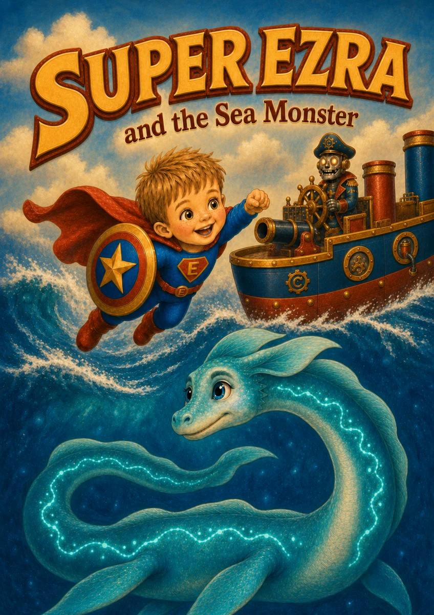 Super Ezra flying above the waves with his shield, a friendly sea monster and Captain Chaos, from the original book cover